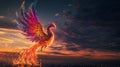 A vibrant phoenix bird soars through the sky, its wings ablaze with fire and colors Royalty Free Stock Photo