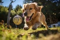 A vibrant photo capturing the exhilarating moment as a lively dog dashes with a ball clutched tightly in its mouth, Golden