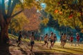 A vibrant photo capturing a group of people engaged in running, promoting health and fitness in a picturesque park, A lively game