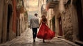 a vibrant photo of a couple in love walking through the streets - people photography