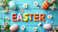 Colorful Easter Word Surrounded by Flowers and Eggs Royalty Free Stock Photo