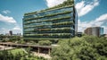 A Vibrant Photo of a Green Office Building Drenched in Daylight - generative AI