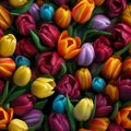 Vibrant photo realistic top view of high quality colorful tulips in a seamless pattern