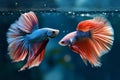 A vibrant photo showcasing two Siamese fish, one red and one blue, swimming in an aquarium, Two beautiful betta fish displaying