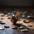 Spinning Dreidel with Gelt Coins on Wooden Surface Royalty Free Stock Photo