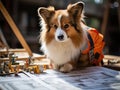 Corgi in hardhat with blueprints outdoors
