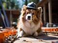 Corgi in hardhat with blueprints outdoors
