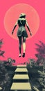 Vibrant Photomontage: Woman Leaping Into A Colorful Sky And Jungle