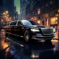 Vibrant and Photorealistic Image of a Sleek Black Limousine on a City Street at Twilight