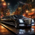 Vibrant and Photorealistic Image of a Sleek Black Limousine on a City Street at Twilight