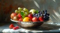 Vibrant photorealistic still life of mixed fruits in bowl with specular highlights and deep shadows