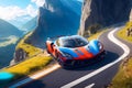 A vibrant, photorealistic supercar racing through a winding mountain pass generative by Ai