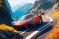 A vibrant, photorealistic supercar racing through a winding mountain pass generative by Ai