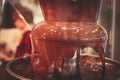 Vibrant Picture of Chocolate Fountain Fontain on childen kids birthday party with a kids playing around and marshmallows and fruit