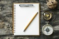 Blank Notepad, Pencil, and Traveler Items on Wooden Background Royalty Free Stock Photo
