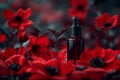 A vibrant picture of a dropper bottle with some kind of oil, cosmetic or skin care product surrounded by bright red