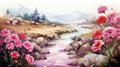 Pink Flower Watercolor Painting Of Valley Stream With Wild Flowers