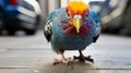 Vibrant Pigeon: A Colorful Street Bird With Strong Facial Expression