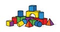 A vibrant pile of colorful building blocks in various geometric shapes including cubes, rectangles, squares, triangles, and a Royalty Free Stock Photo