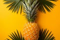 Vibrant pineapple, palm leaves on orange yellow backdrop