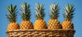 Vibrant pineapples in baskets at beachside fruit stand warehouse, evoking tropical vacation vibes