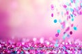 Vibrant pink background with colorful, falling confetti captures the joyful atmosphere of a festive concert celebration Royalty Free Stock Photo