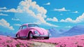 Vibrant Pink Beetle In A Field Of Violets - Pop-inspired Realism