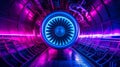 Vibrant pink and blue hues illuminate the jet engine\'s intricate design, highlighting the sleek blades and turbine. Royalty Free Stock Photo