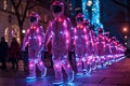 Vibrant Pink and Blue LED Figures Parading Through Urban Night Setting