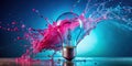 Vibrant pink and blue liquid splashing around a lightbulb, symbolizing creative energy and innovative ideas. Generative AI Royalty Free Stock Photo