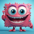 A vibrant pink cartoon monster with a trident, smiling on a blue background