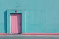 A vibrant pink door stands out against a blue wall on a lively street. Minimalist retro cityscape