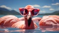 Vibrant pink flamingo with sunglasses floating in a pool, epitomising summer vacation vibes and tropical relaxation