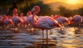 Vibrant pink flamingos wade in tranquil African sunset reflection generated by AI Royalty Free Stock Photo