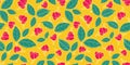 Vibrant pink flowers green leaves ditsy on mustard vector seamless pattern with hand drawn elements