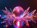 Vibrant pink glowing sphere sits among clear sharp crystal shards. Bright neon lights reflect on glass structure, creating Royalty Free Stock Photo