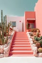 Vibrant pink house with cacti on stairs. Generative AI