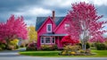 A vibrant pink house surrounded by blooming trees under a cloudy sky in springtime day Royalty Free Stock Photo