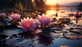 A vibrant pink lotus blossom floats on tranquil pond water generated by AI Royalty Free Stock Photo