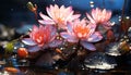A vibrant pink lotus blossom reflects in a tranquil pond generated by AI Royalty Free Stock Photo