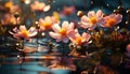 A vibrant pink lotus blossom reflects in a tranquil pond generated by AI Royalty Free Stock Photo