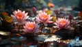 A vibrant pink lotus floats in a tranquil pond generated by AI Royalty Free Stock Photo