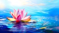 vibrant pink lotus flower floating on water with light ripples, under a warm, colorful sky