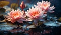 A vibrant pink lotus flower floats on tranquil pond water generated by AI Royalty Free Stock Photo