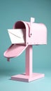 Vibrant pink mailbox with a white envelope inside, door open, on a teal studio background. Royalty Free Stock Photo
