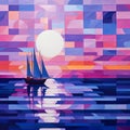 Vibrant Pink And Purple Sailboat Painting: Colorful Cubist Seascape Artwork