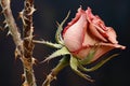 A vibrant pink rose bud delicately blossoms on a slender twig in this close-up nature photograph, A prickly and rough texture of a Royalty Free Stock Photo