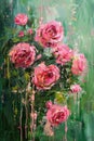 Vibrant Pink Roses Abstract Painting on Green Background