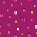 Vibrant pink seamless vector pattern with striped beetles