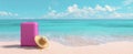 The vibrant pink suitcase awaits at the beautiful beach under the clear sky. AI generated image Royalty Free Stock Photo